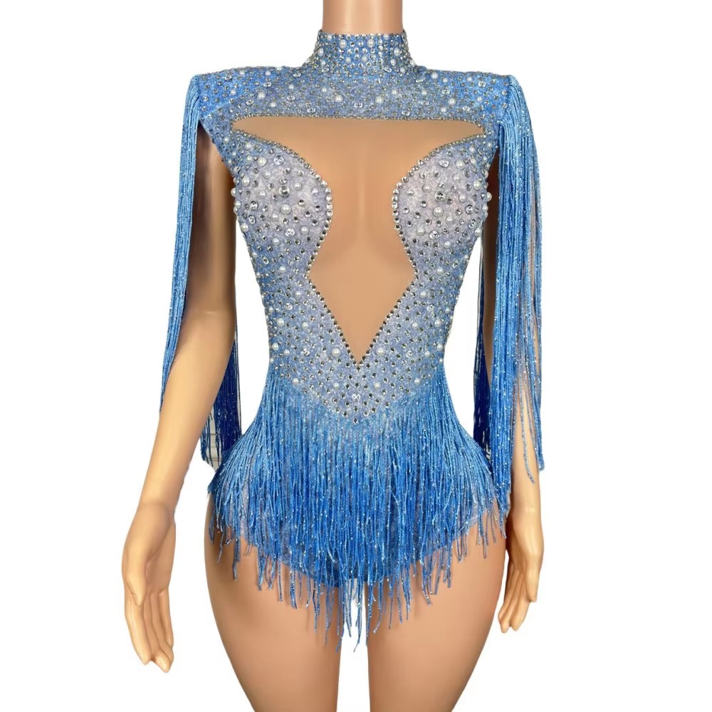 Rhinestone Banding Trim - Blue Rhinestone Tassel Bodysuit Sexy Mesh