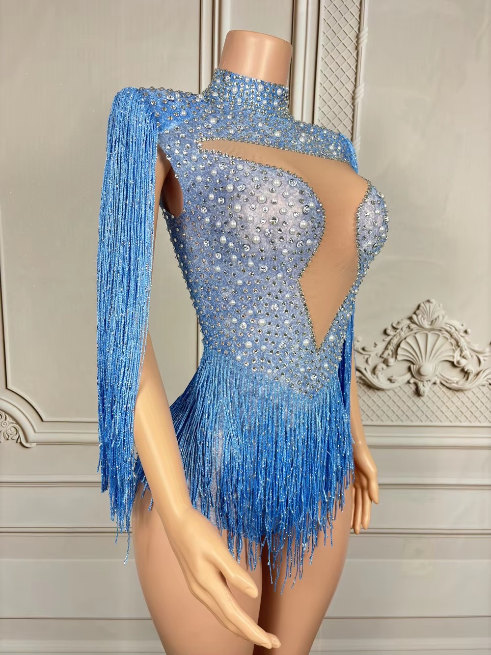 Blue Rhinestone Tassel Bodysui - Rhinestone Banding Trim recension och pris